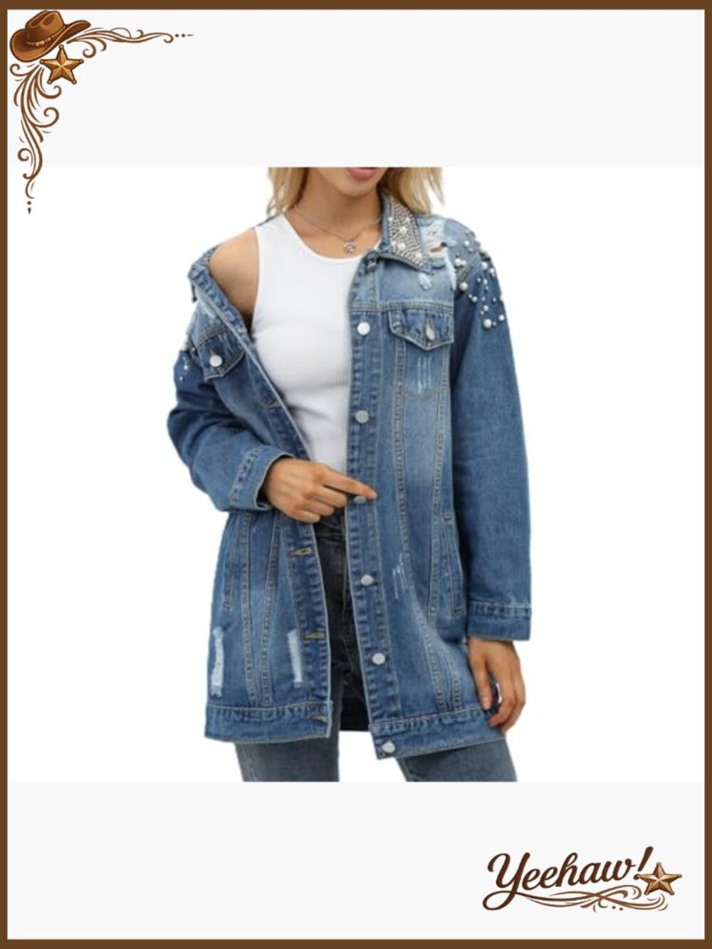 Long Sleeve Button Down Pearl Jean Jacket Boyfriend Denim Coat - Picture 4 of 7